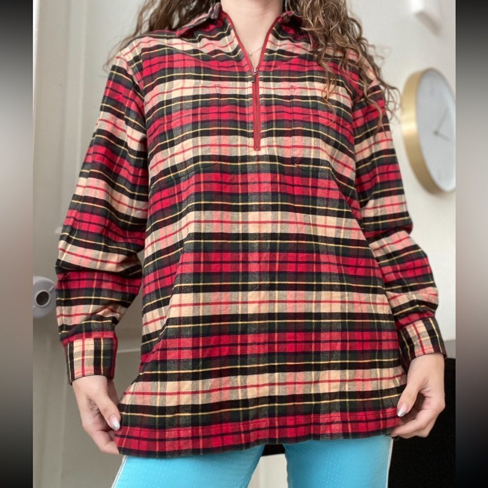 Vintage Eddie Bauer Plaid Half Zip Flannel Sweater Top Sz S Red Granola Outdoor